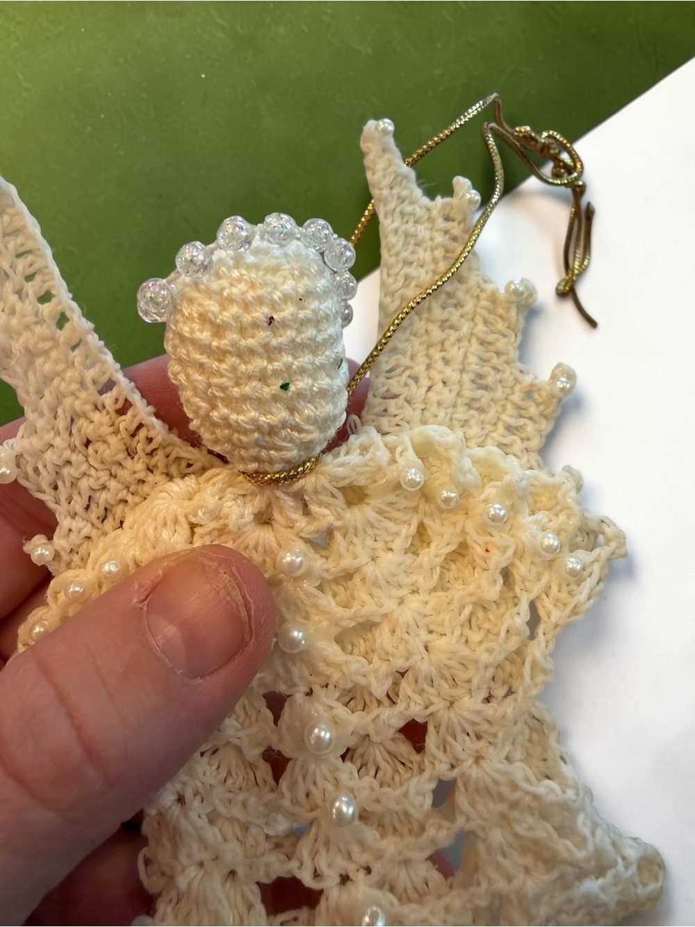 Handmade Crochet Angel Christmas Ornament Ivory Thread Lace Pearl Beads Cottage